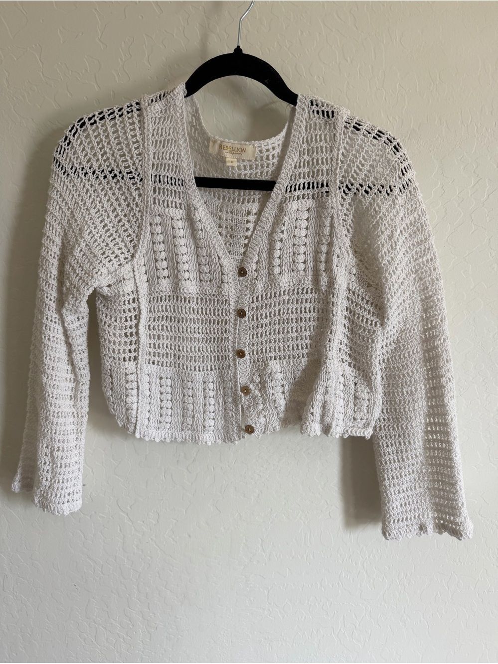 Rebellion white Crochet Cropped Cardigan Sweater Boho Bell Sleeve S